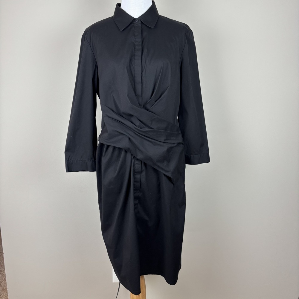 Lafayette 148 Shirt Dress Womens 10 Black Crossover Ruched Waist Classic Office‎